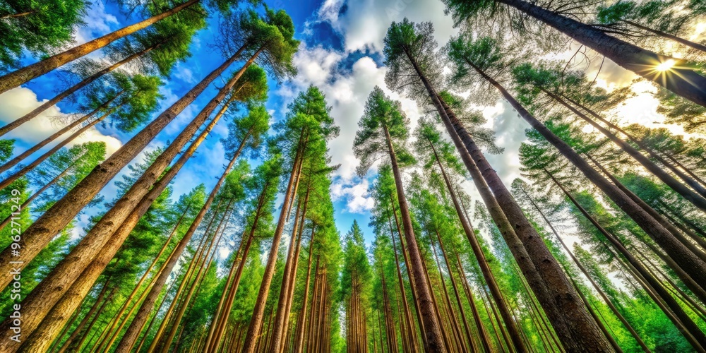 Lush Green Pine Trees Dominate A Tranquil Forest, Their Tall Trunks Reaching Towards The Sky, Creating A Serene And Picturesque Scene. Lush Green Pine Trees Dominate A Tranquil Forest, Their Tall Trunks Reaching Towards The Sky, Creating A Serene And Picturesque Scene.