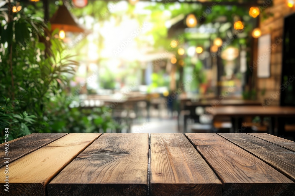 Empty wood table with blur interior outdoor space coffee restaurant or cafe for background , ai Empty wood table with blur interior outdoor space coffee restaurant or cafe for background , ai