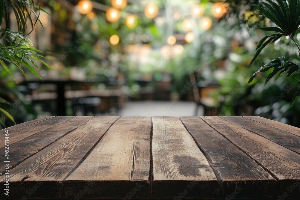 Empty wood table with blur interior outdoor space coffee restaurant or cafe for background , ai Empty wood table with blur interior outdoor space coffee restaurant or cafe for background , ai