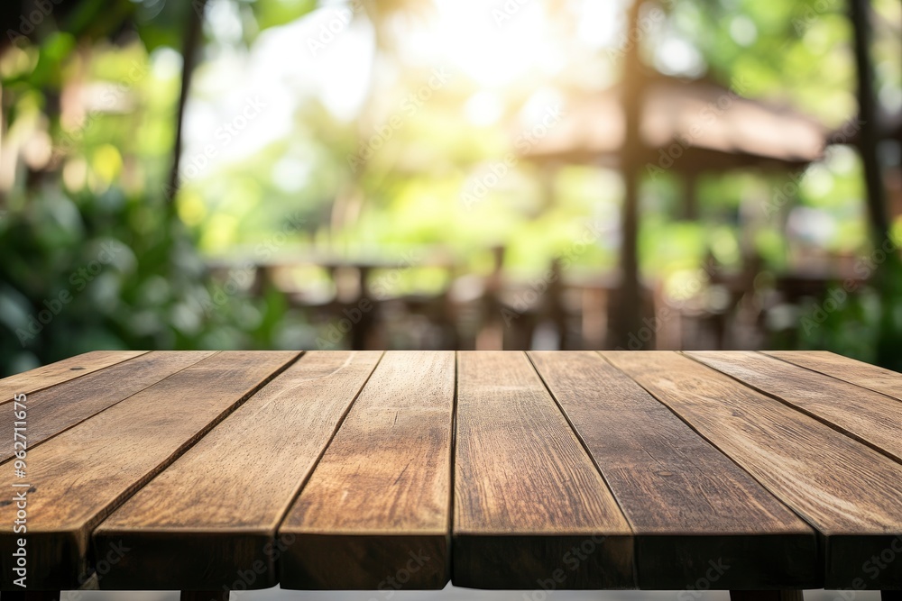 Empty wood table with blur interior outdoor space coffee restaurant or cafe for background , ai Empty wood table with blur interior outdoor space coffee restaurant or cafe for background , ai