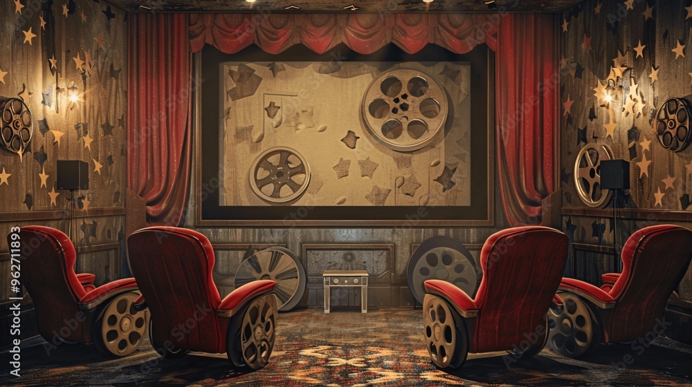 Fototapeta premium Vintage Movie Theater Interior with Red Seats and Film Reels