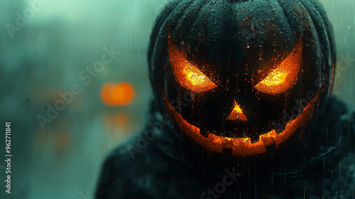 A glowing jack-o'-lantern stares through a rainy window. photo