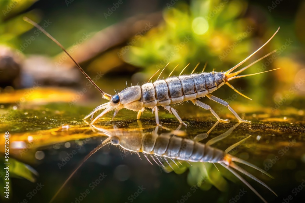 Macro view of silverfish insect partially submerged in water, its slender body and numerous legs visible, exploring aquatic environment with surprising agility. Macro view of silverfish insect partially submerged in water, its slender body and numerous legs visible, exploring aquatic environment with surprising agility.