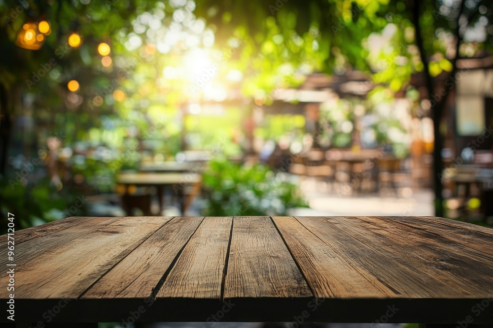 Empty wood table with blur interior outdoor space coffee restaurant or cafe for background , ai Empty wood table with blur interior outdoor space coffee restaurant or cafe for background , ai
