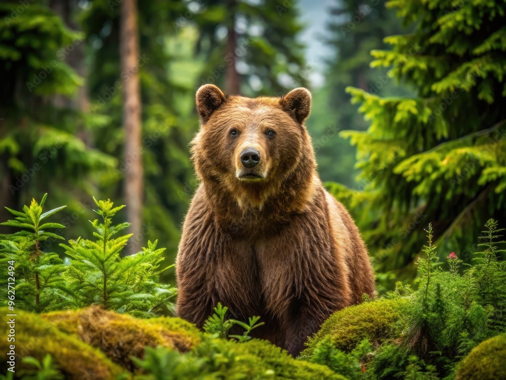 Majestic Canadian Brown Bear In Its Natural Habitat, Foraging For Food Amidst Towering Trees And Lush Vegetation Majestic Canadian Brown Bear In Its Natural Habitat, Foraging For Food Amidst Towering Trees And Lush Vegetation