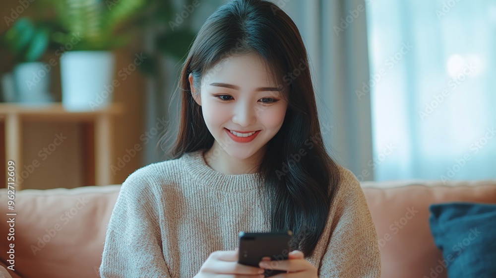 young Asian female casually enjoying social media on her smartphone in a well-designed living room background reflecting a relaxed technology lifestyle at home young Asian female casually enjoying social media on her smartphone in a well-designed living room background reflecting a relaxed technology lifestyle at home