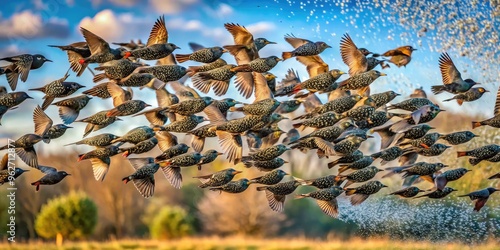 Majestic flock of starlings takes to the sky, forming a mesmerizing vortex of wings and feathers as they fly together in synchronized harmony.