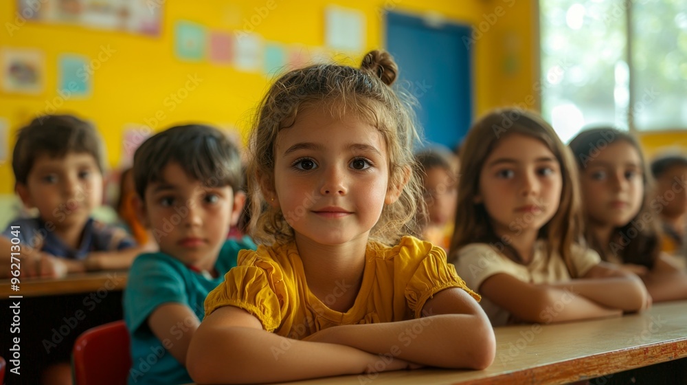 Schoolgirl With Arms Crossed Sitting at Desk in Classroom Schoolgirl With Arms Crossed Sitting at Desk in Classroom