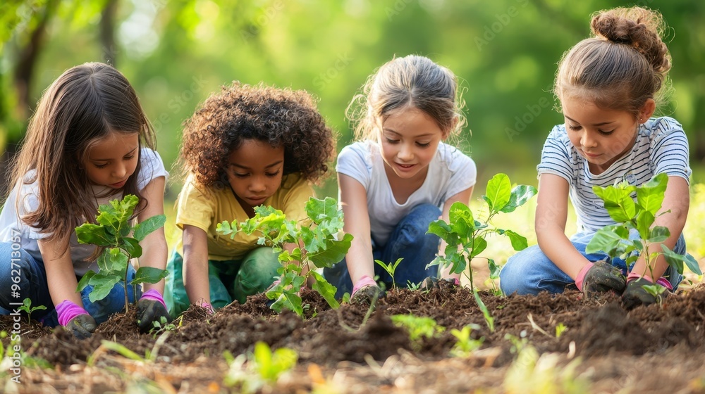 Children Planting Trees Together in a Garden Children Planting Trees Together in a Garden