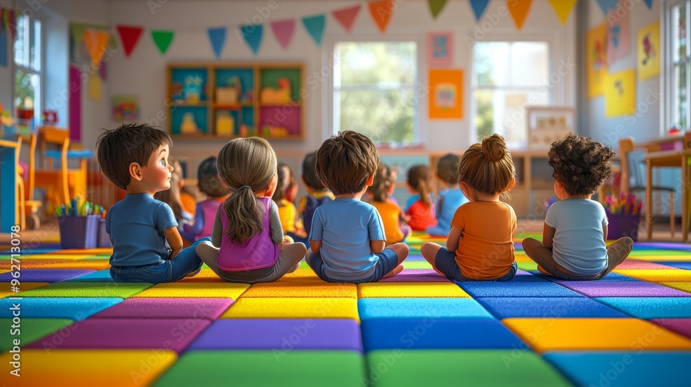 Fototapeta premium Kindergarten Classroom Children Sitting on Colorful Floor Mat