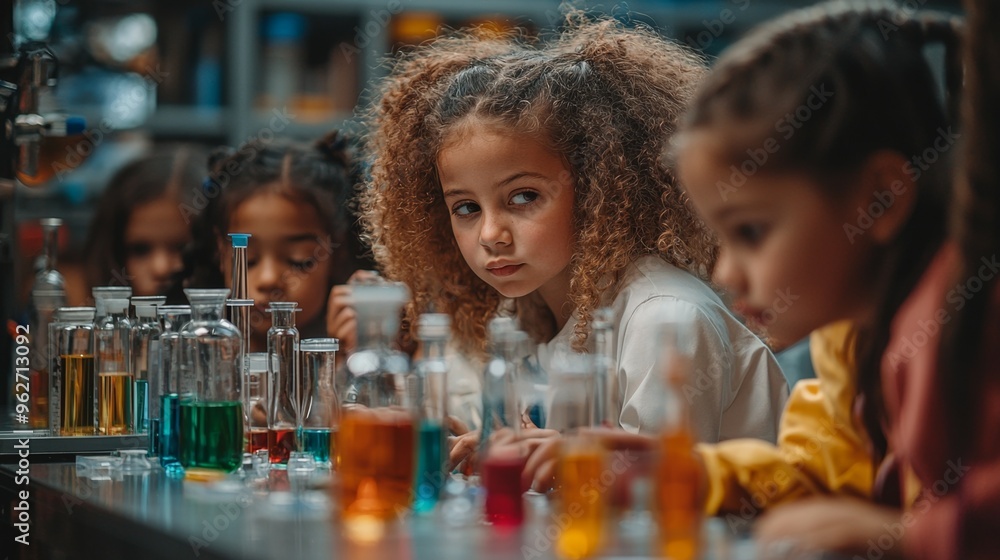 Young Scientists in a Laboratory Performing an Experiment with Colorful Liquids Young Scientists in a Laboratory Performing an Experiment with Colorful Liquids