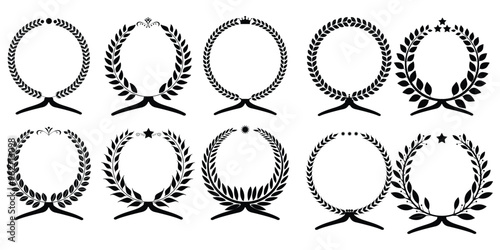 Set of black circular foliate laurels wreaths. Silhouette laurel wreaths collection. Heraldic trophy olive branch award, winner round emblem, Award, success, champion signs.