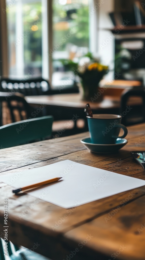 A blank piece of paper with a pencil on a wooden table, with a blue cup and saucer out of focus in the background. A blank piece of paper with a pencil on a wooden table, with a blue cup and saucer out of focus in the background.