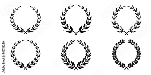 Set of black circular foliate laurels wreaths. Silhouette vintage laurel wreaths collection. Heraldic trophy olive branch award, winner round emblem, Award, success, champion signs.