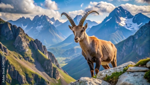 Majestic Mountain Goat With Distinctive Curved Horns Standing On Rocky Terrain Amidst A Scenic Mountain Landscape. photo