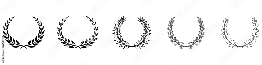 Laurel wreath set . Floral wreath collection. Black laurel wreath element for winner, award, champion design.