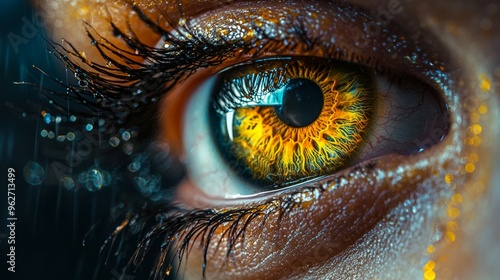 Close Up Human Eye with Golden Glitter and Eyelashes