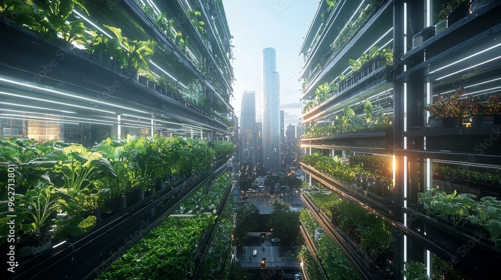 Fototapeta premium Urban Farming Skyscraper with Green Walls and Plants