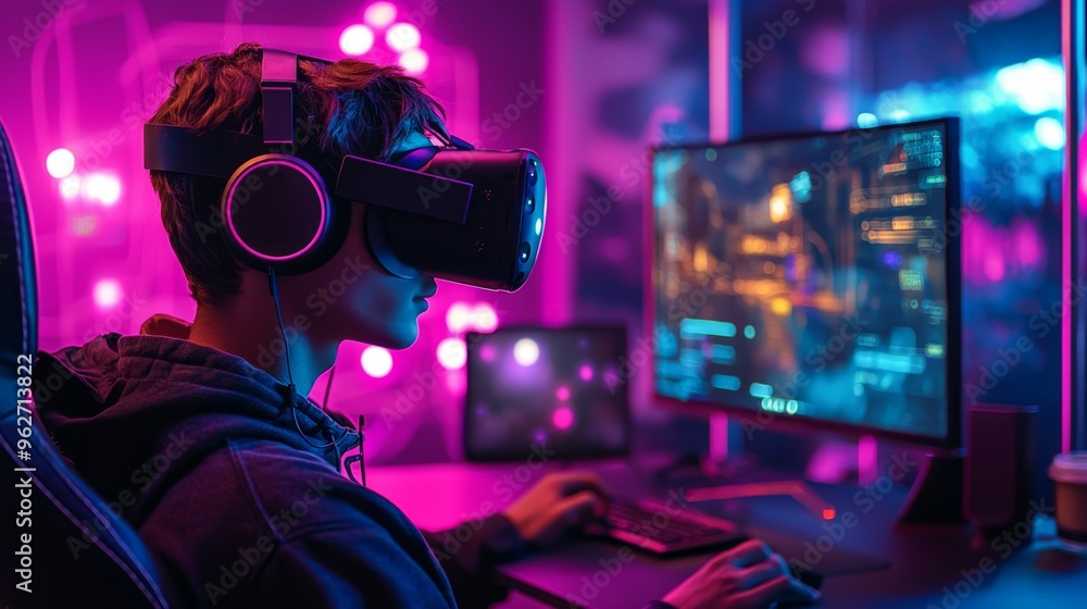Young Gamer Playing VR Game with Neon Lights Young Gamer Playing VR Game with Neon Lights