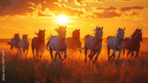 Majestic Horses Running Through Golden Sunset Field