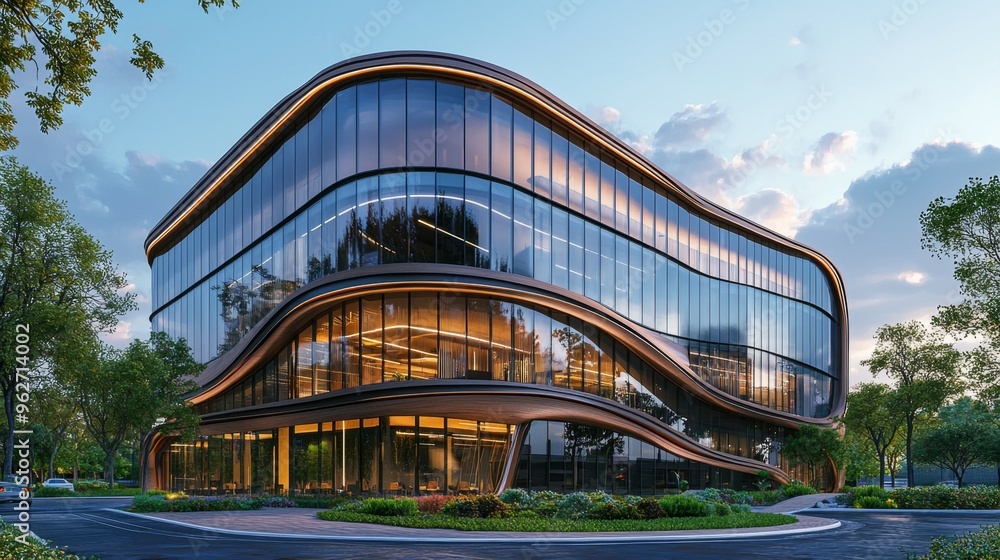 Fototapeta premium Modern Glass Office Building with Curved Facade and Landscaping