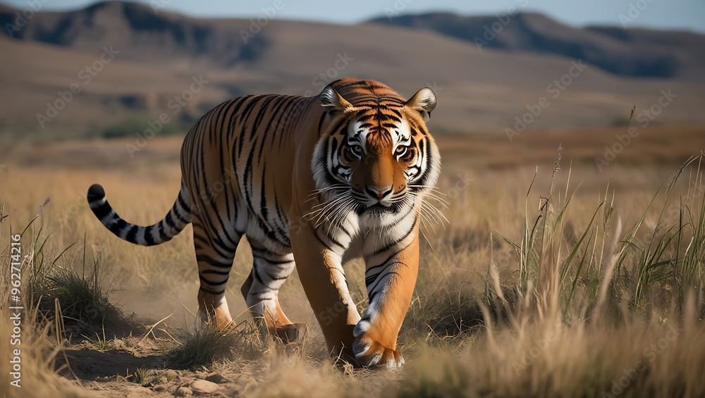 Fototapeta premium Immerse yourself in the untamed beauty of the wild with this breathtaking 8K high-resolution photograph of a tiger on the hunt. 