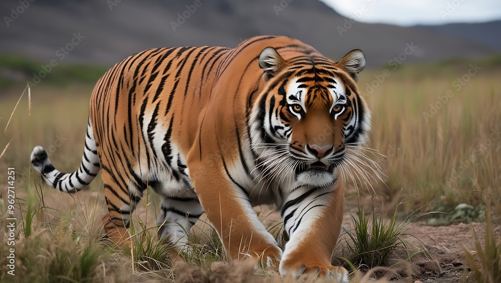 Fototapeta premium Immerse yourself in the untamed beauty of the wild with this breathtaking 8K high-resolution photograph of a tiger on the hunt. 