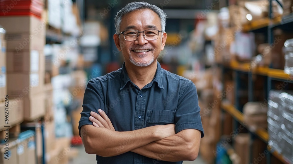 portrait of a smart and casual asian business owner, smiling with joy and standing in a store or warehouse space, demonstrating successful small business management portrait of a smart and casual asian business owner, smiling with joy and standing in a store or warehouse space, demonstrating successful small business management