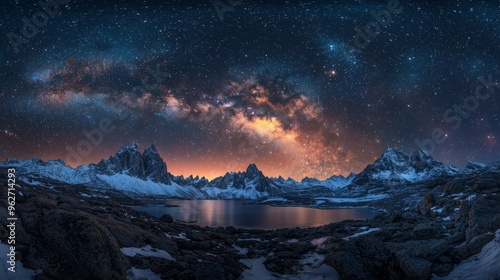 Milky Way Over Snowy Mountains and Lake at Night