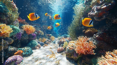 Fototapeta Naklejka Na Ścianę i Meble -  Tropical Fish Swimming Through Vibrant Coral Reef Underwater