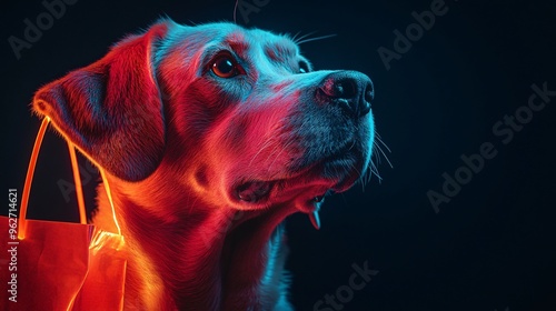 Black background with a neon dog and shopping bag, great for Cyber Monday and Black Friday sales ads.