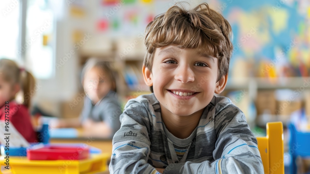 Smiling Young Boy in Classroom. Smiling Young Boy in Classroom.