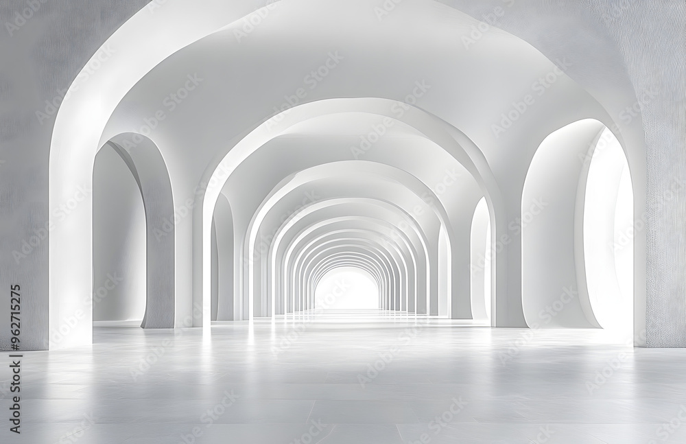This image captures the stunning simplicity and elegance of a modern architectural corridor adorned with repeating white arches This image captures the stunning simplicity and elegance of a modern architectural corridor adorned with repeating white arches