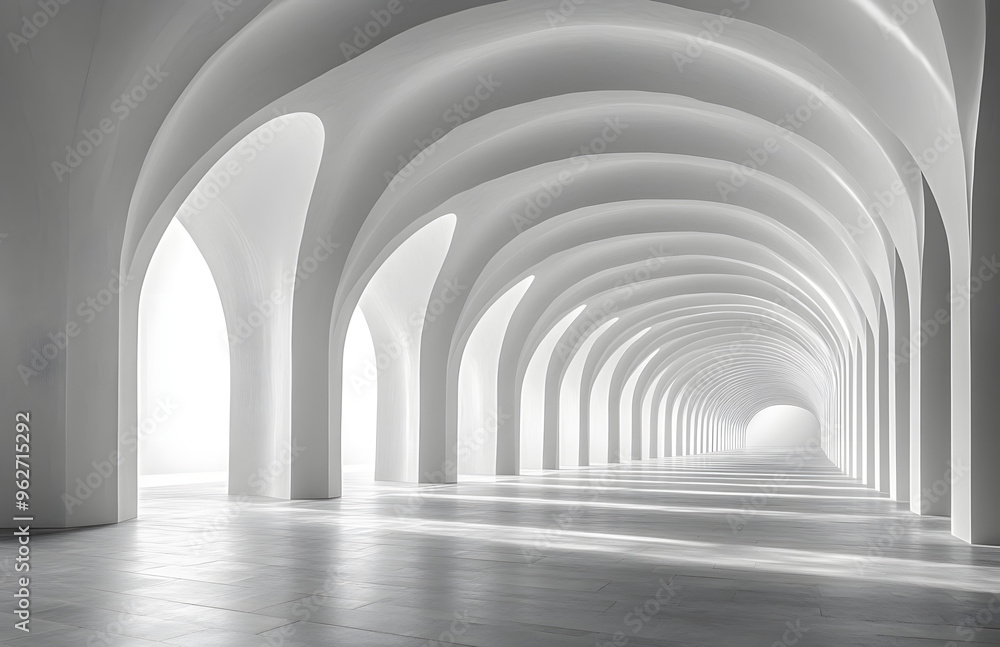 This image captures the stunning simplicity and elegance of a modern architectural corridor adorned with repeating white arches This image captures the stunning simplicity and elegance of a modern architectural corridor adorned with repeating white arches