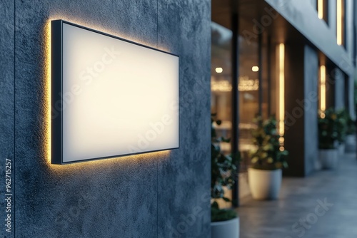 Modern illuminated sign for street logo presentation on a textured wall outside a contemporary building in an urban setting during evening hours photo