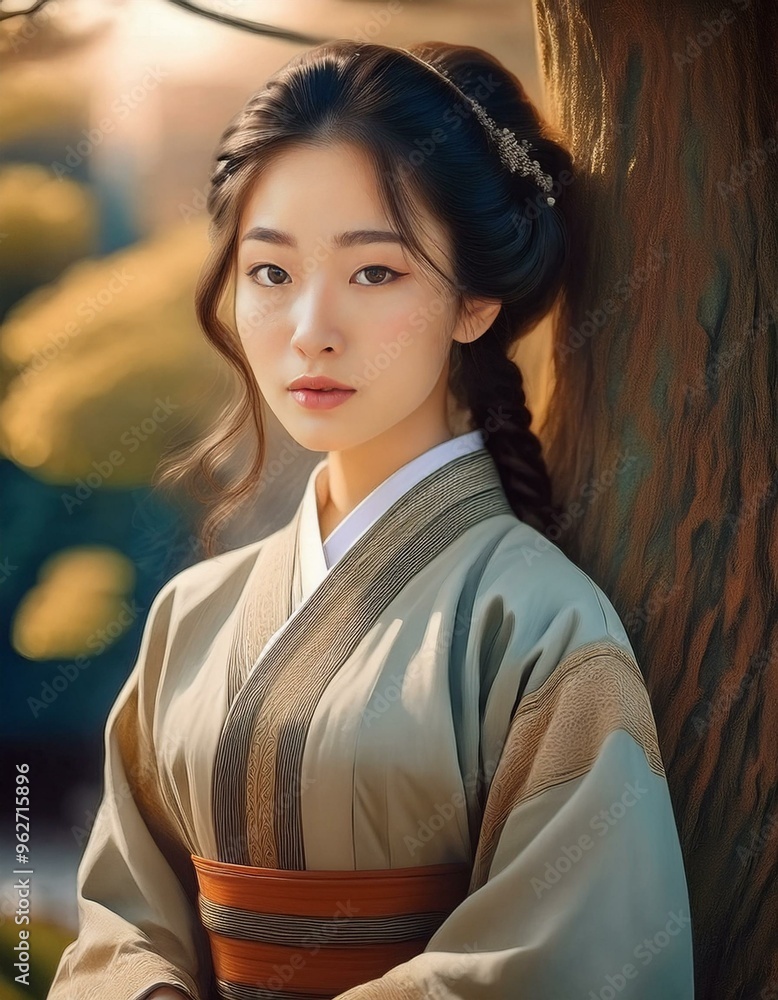 Fototapeta premium Very pretty young woman model with a red shawl on his shoulders