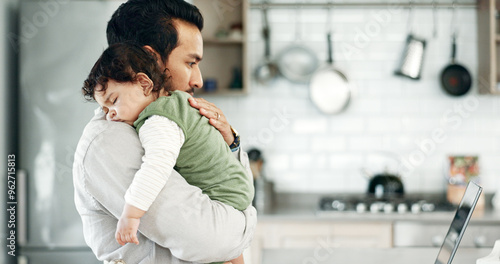 Fotografija Man, baby or laptop in kitchen for sleeping, care or multitask with remote work