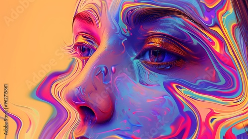 A vibrant, abstract representation of a face with colorful, fluid patterns.