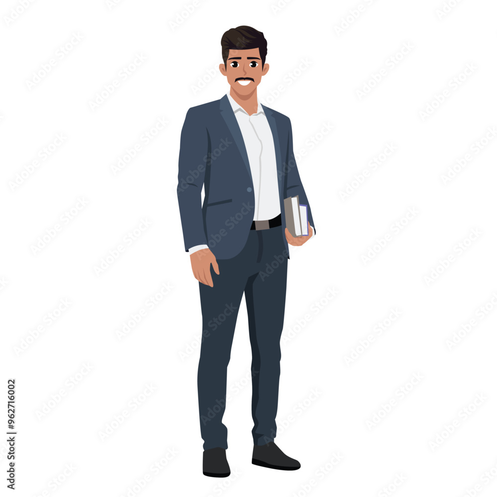 Man office character holding books wearing suit. Flat vector Character illustration Man office character holding books wearing suit. Flat vector Character illustration