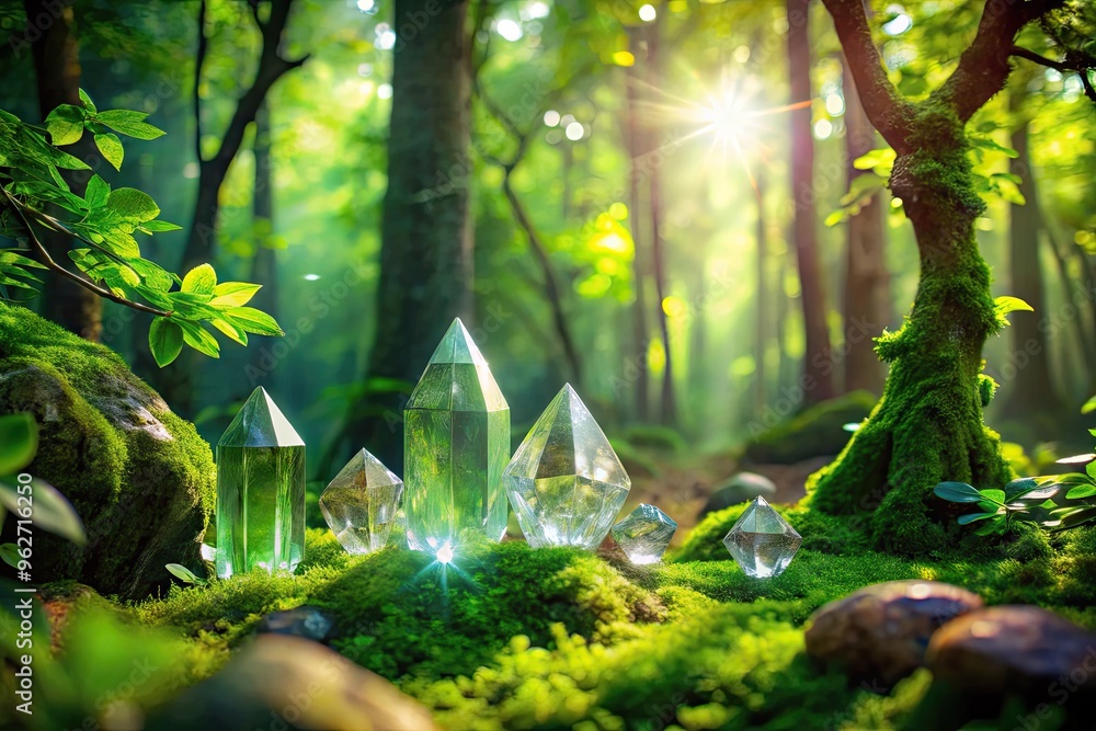 Mystical Crystals Gleam And Sparkle Amidst The Lush Green Foliage And Dappled Sunlight Of An Enchanting Forest. Mystical Crystals Gleam And Sparkle Amidst The Lush Green Foliage And Dappled Sunlight Of An Enchanting Forest.