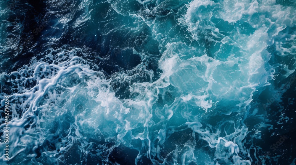Captivating image of dynamic ocean waves crashing against each other, creating a beautiful pattern of foamy splashes. The deep blue and turquoise hues of the water evoke a sense of power and