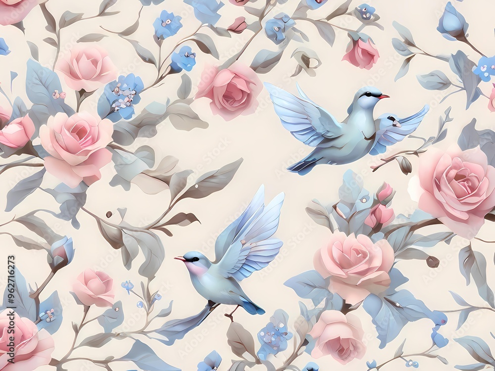 Fototapeta premium Whimsical floral pattern with birds in flight, surrounded by blooming roses and forget-me-nots, in delicate shades of light blue, soft pink, and cream.