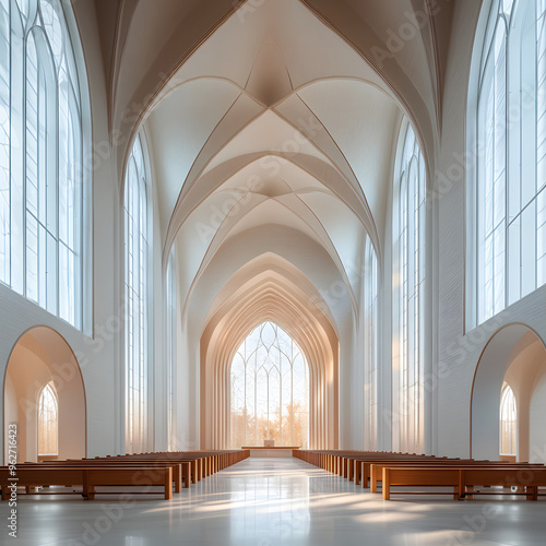 A stunning cathedral interior featuring majestic vaulted ceilings, grand arched windows, and long wooden benches photo