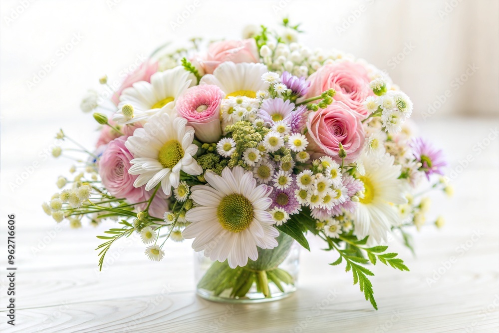 Beautiful fresh spring bouquet in glass vase on light wooden table Beautiful fresh spring bouquet in glass vase on light wooden table
