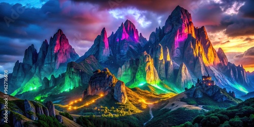 Neon Lights Illuminate Craggy Peaks And Jagged Cliffs Of A Majestic Mountain, Creating A Surreal And Vibrant Landscape.