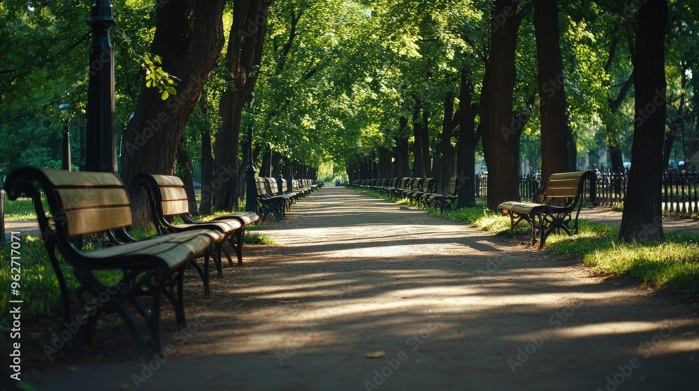 Gorky Park in Moscow, serene pathways and empty benches under the shade of trees. Gorky Park in Moscow, serene pathways and empty benches under the shade of trees.
