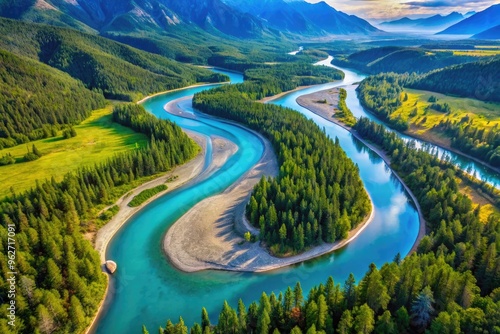 Overhead Map View Showing A Blue Icon Of A River Winding Through A Beige Landmass With Mountains And Forests