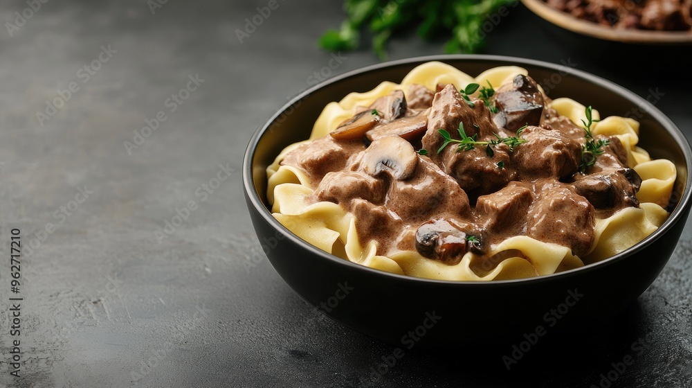 Hearty bowl of Russian beef stroganoff with mushrooms and noodles, with copy space for text or branding. Hearty bowl of Russian beef stroganoff with mushrooms and noodles, with copy space for text or branding.