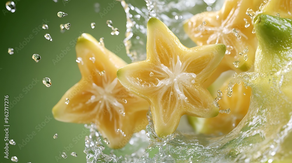 Starfruit Splashing in Water Fresh Tropical Fruit Green Background Starfruit Splashing in Water Fresh Tropical Fruit Green Background