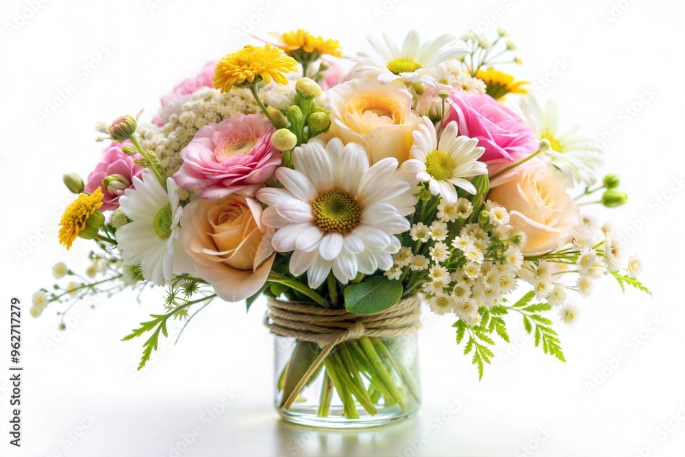 Beautiful arrangement of spring flowers in glass vase on bright background Beautiful arrangement of spring flowers in glass vase on bright background